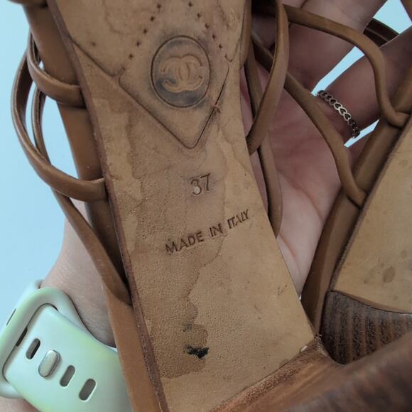 Auth Chanel Brown Leather Strappy Slides Heels Mules Sandals Spellout Size 37 - Picture 9 of 12